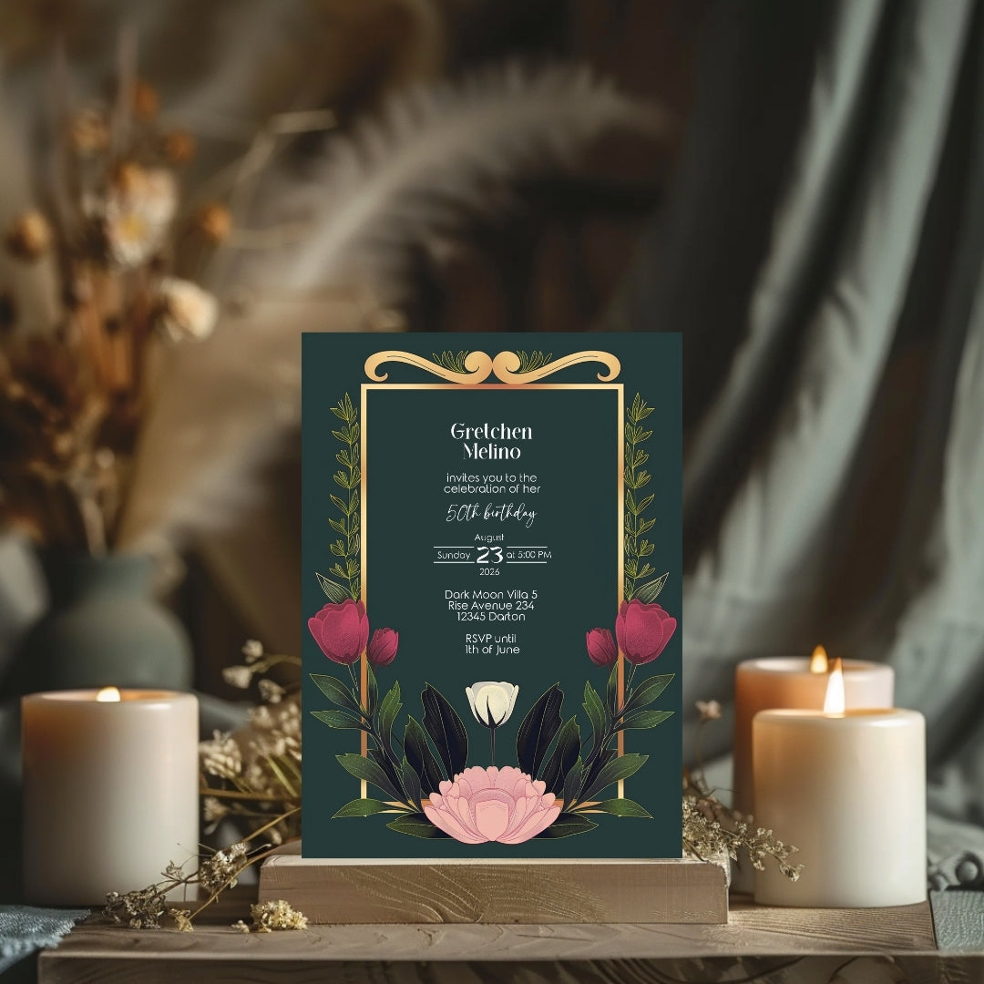 Elegant Modern Botanical Birthday Invitation - Luxurious Dark Green Design with Floral Accents
