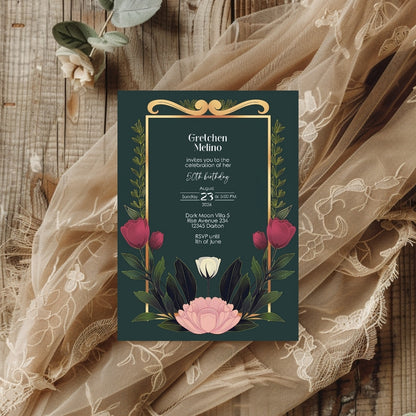 Elegant Modern Botanical Birthday Invitation - Luxurious Dark Green Design with Floral Accents