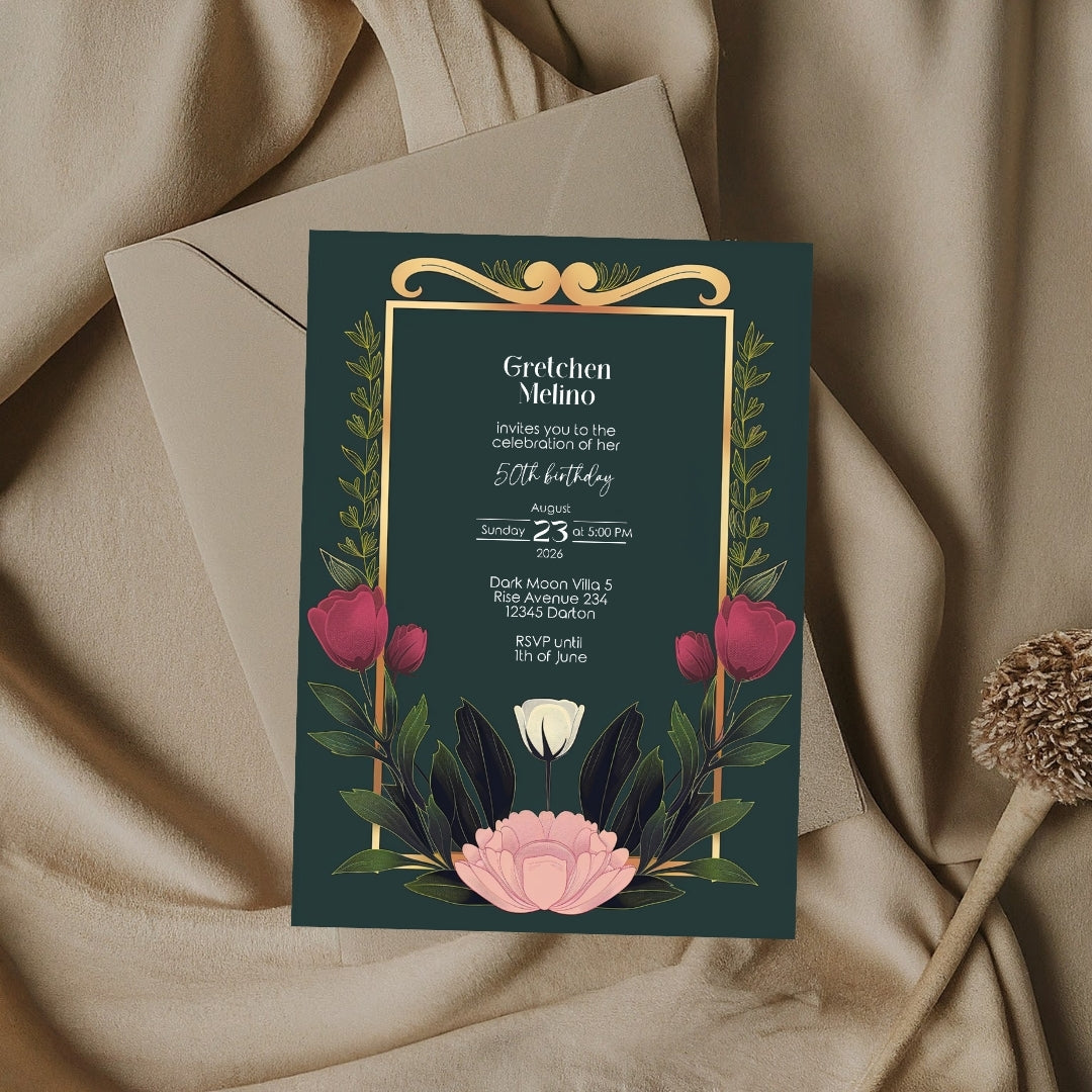 Elegant Modern Botanical Birthday Invitation - Luxurious Dark Green Design with Floral Accents