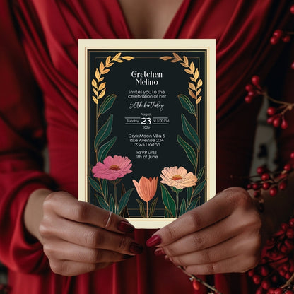 Elegant Modern Botanical Birthday Invitation - Luxurious Black and Gold Design with Floral Accents