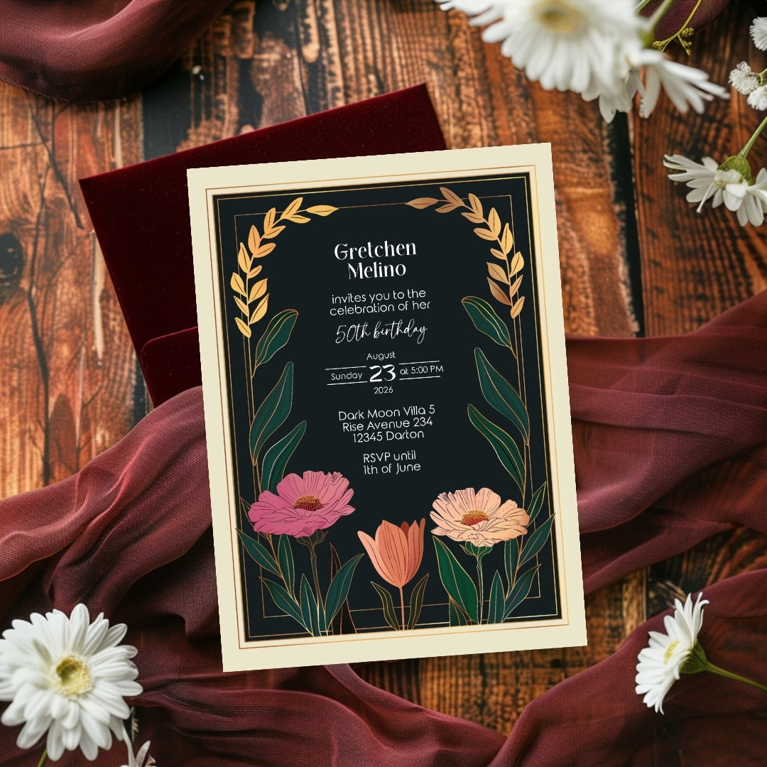 Elegant Modern Botanical Birthday Invitation - Luxurious Black and Gold Design with Floral Accents