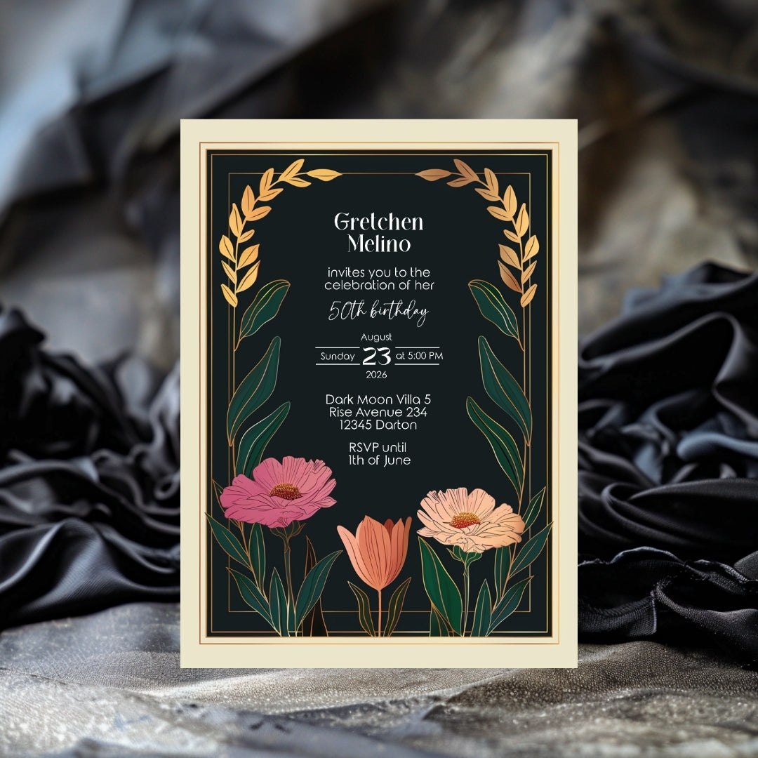 Elegant Modern Botanical Birthday Invitation - Luxurious Black and Gold Design with Floral Accents