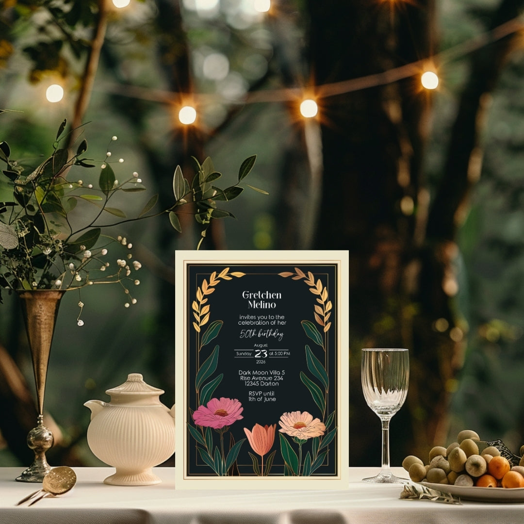 Elegant Modern Botanical Birthday Invitation - Luxurious Black and Gold Design with Floral Accents