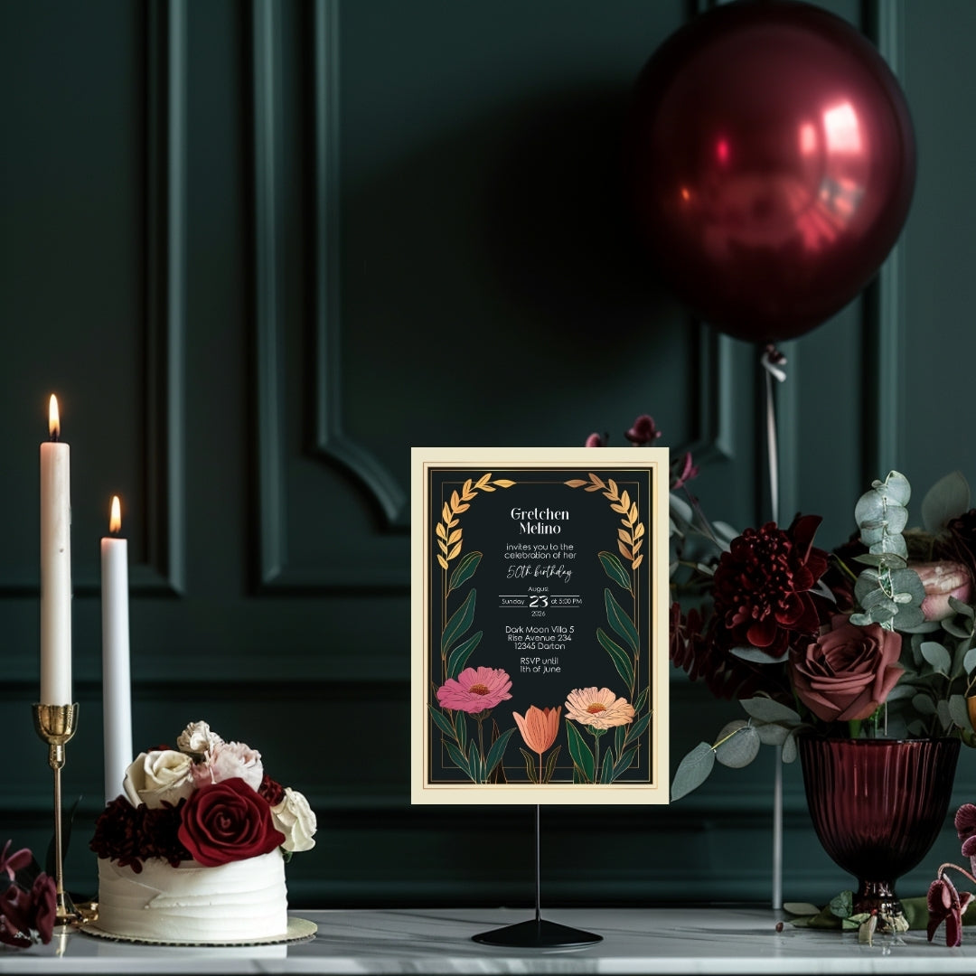 Elegant Modern Botanical Birthday Invitation - Luxurious Black and Gold Design with Floral Accents