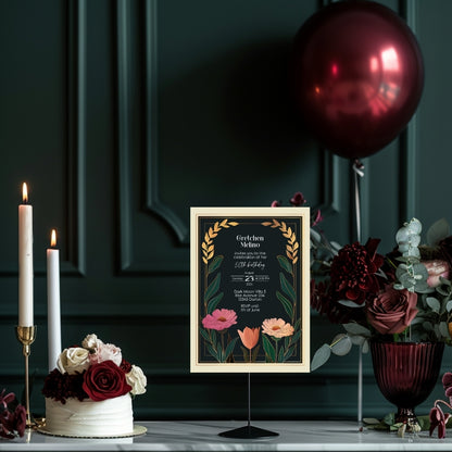 Elegant Modern Botanical Birthday Invitation - Luxurious Black and Gold Design with Floral Accents