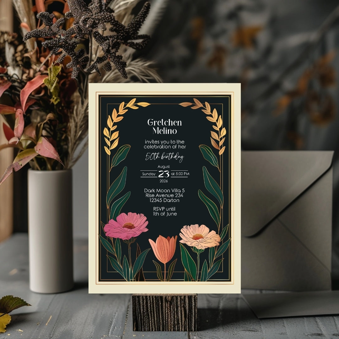 Elegant Modern Botanical Birthday Invitation - Luxurious Black and Gold Design with Floral Accents