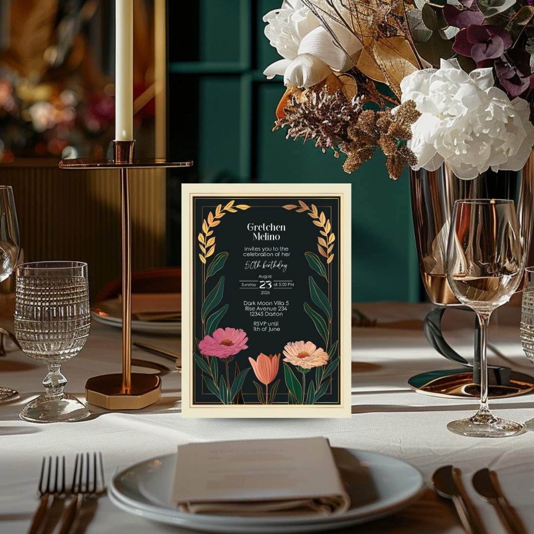Elegant Modern Botanical Birthday Invitation - Luxurious Black and Gold Design with Floral Accents