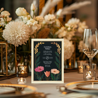 Elegant Modern Botanical Birthday Invitation - Luxurious Black and Gold Design with Floral Accents