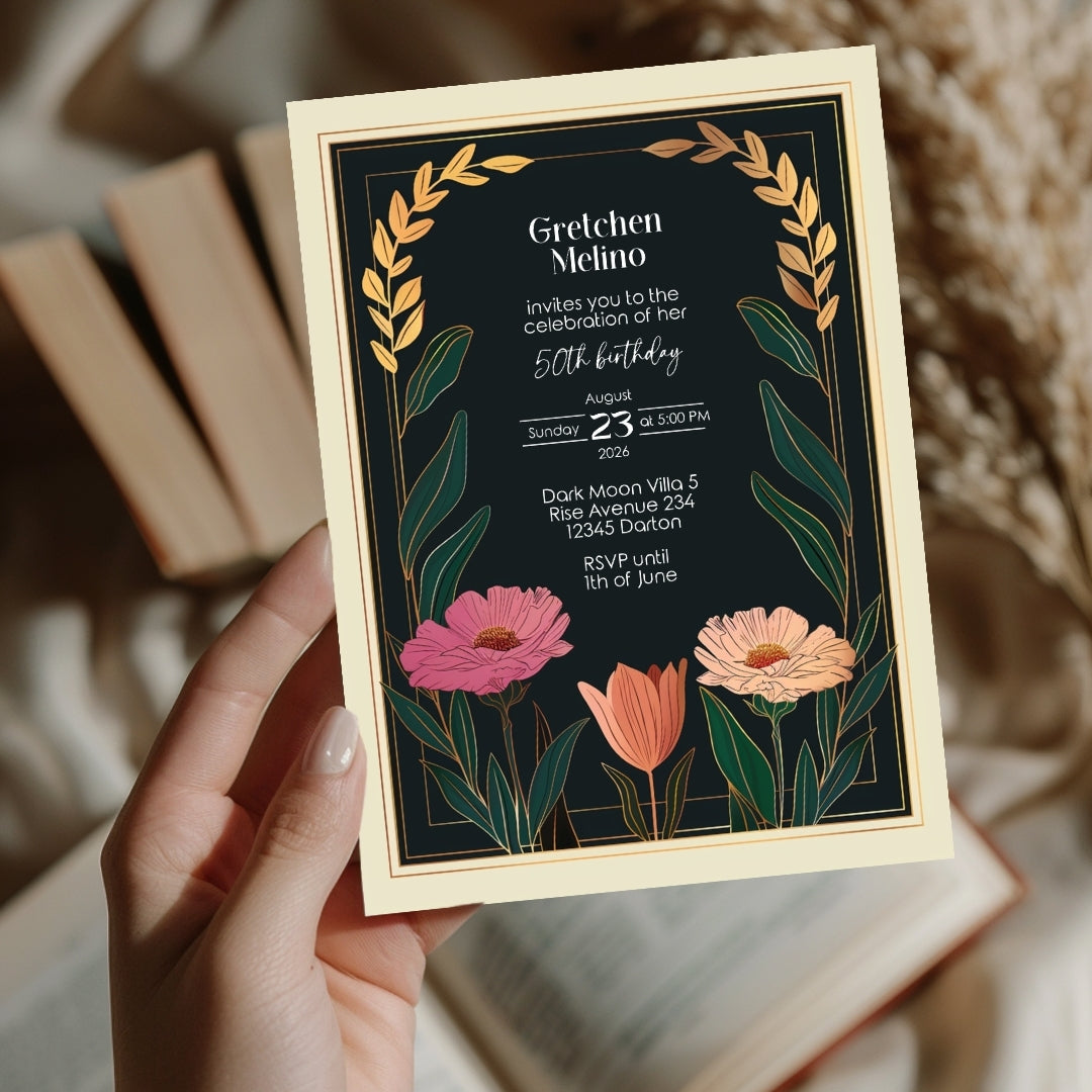 Elegant Modern Botanical Birthday Invitation - Luxurious Black and Gold Design with Floral Accents