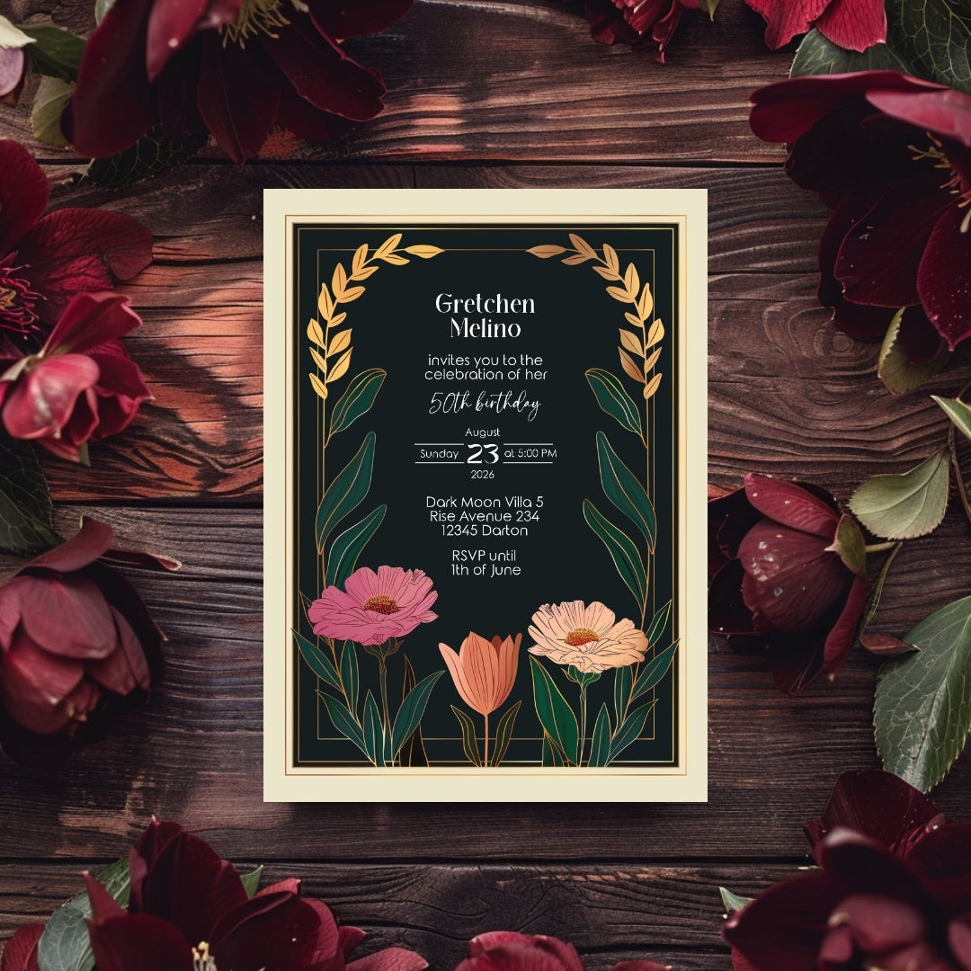Elegant Modern Botanical Birthday Invitation - Luxurious Black and Gold Design with Floral Accents
