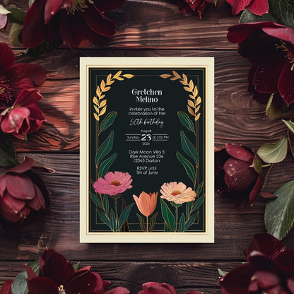 Elegant Modern Botanical Birthday Invitation - Luxurious Black and Gold Design with Floral Accents