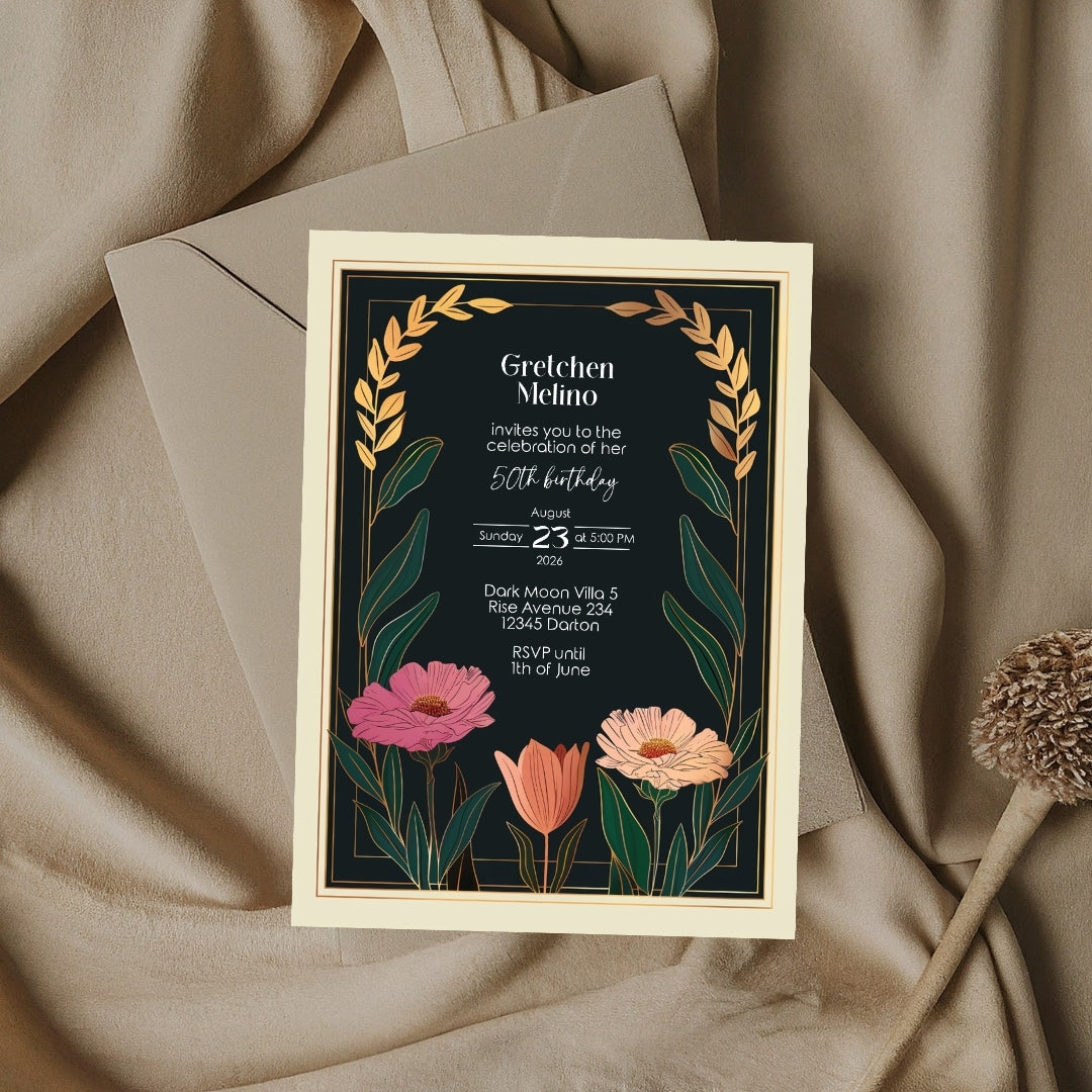 Elegant Modern Botanical Birthday Invitation - Luxurious Black and Gold Design with Floral Accents