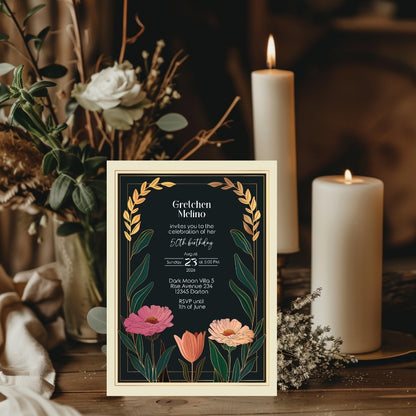 Elegant Modern Botanical Birthday Invitation - Luxurious Black and Gold Design with Floral Accents