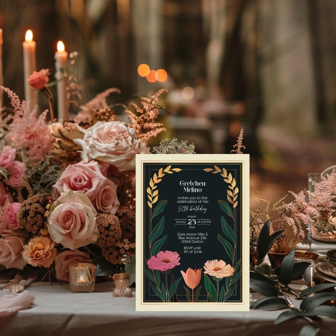 Elegant Modern Botanical Birthday Invitation - Luxurious Black and Gold Design with Floral Accents