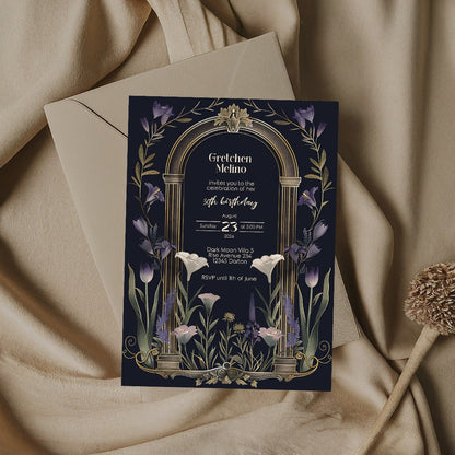 Purple Floral Gothic Arch Birthday Invitation