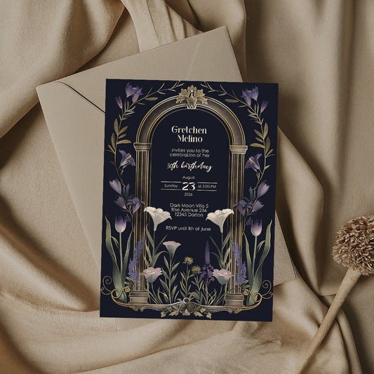 Purple Floral Gothic Arch Birthday Invitation