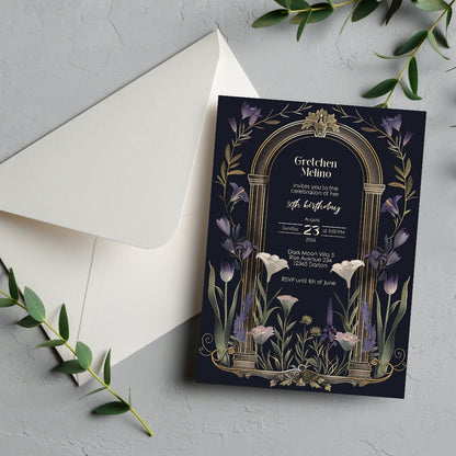 Purple Floral Gothic Arch Birthday Invitation