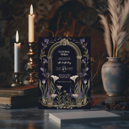 Purple Floral Gothic Arch Birthday Invitation