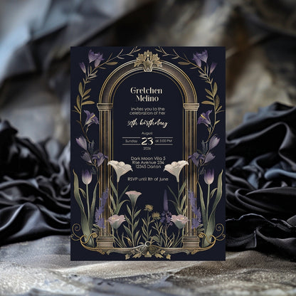 Purple Floral Gothic Arch Birthday Invitation