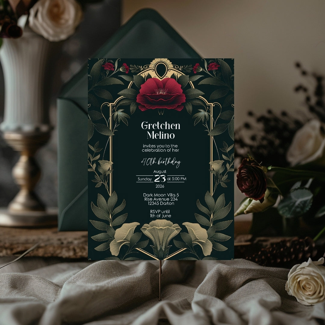 Dark Vintage Gothic Botanical Birthday Invitation