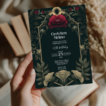Dark Vintage Gothic Botanical Birthday Invitation