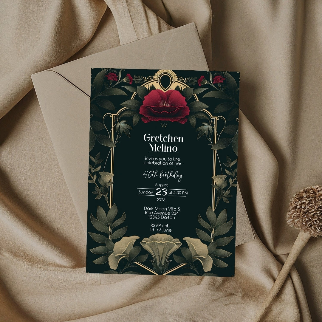 Dark Vintage Gothic Botanical Birthday Invitation