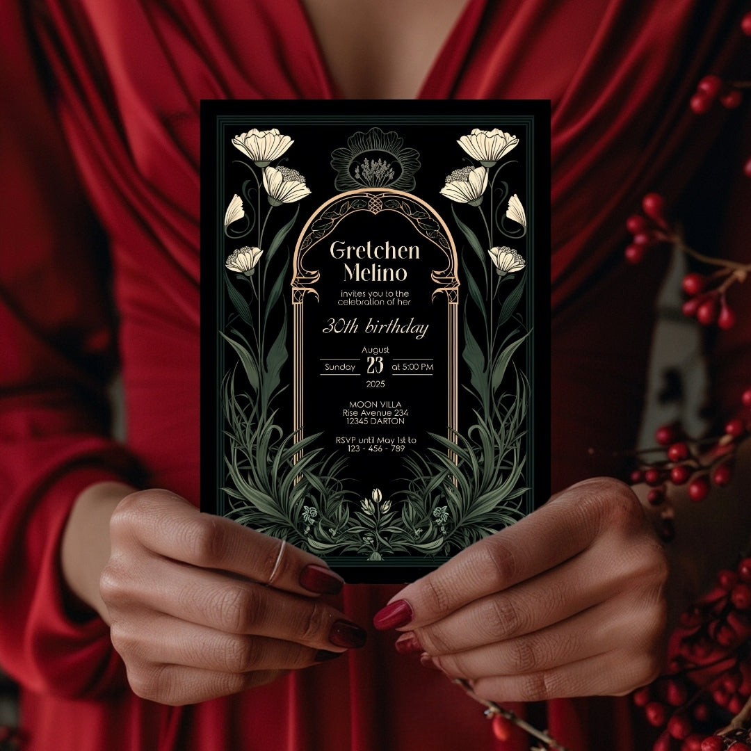 Green Gothic Art Deco Birthday Invitation