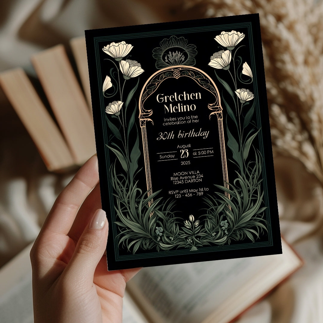 Green Gothic Art Deco Birthday Invitation
