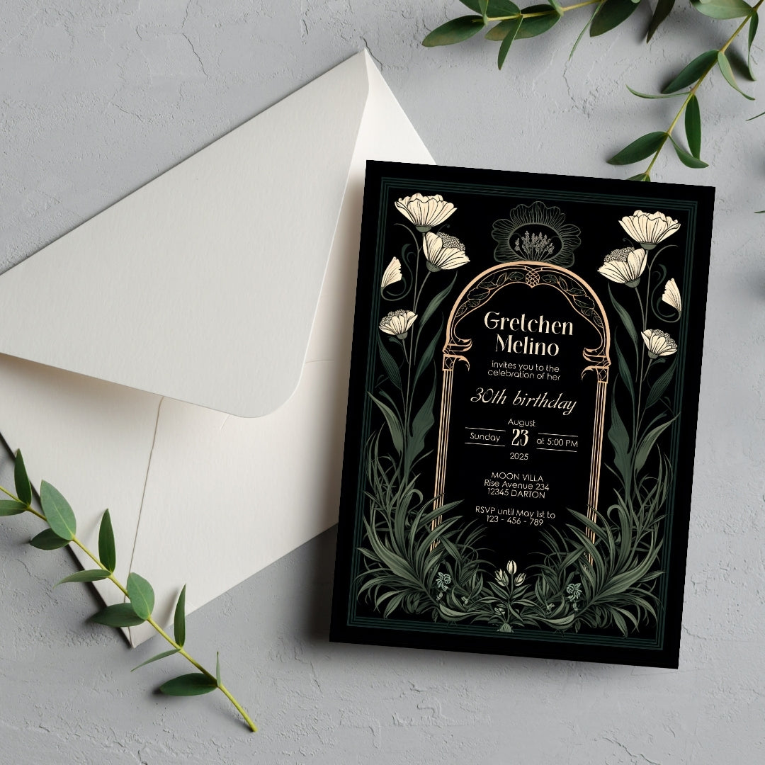 Green Gothic Art Deco Birthday Invitation