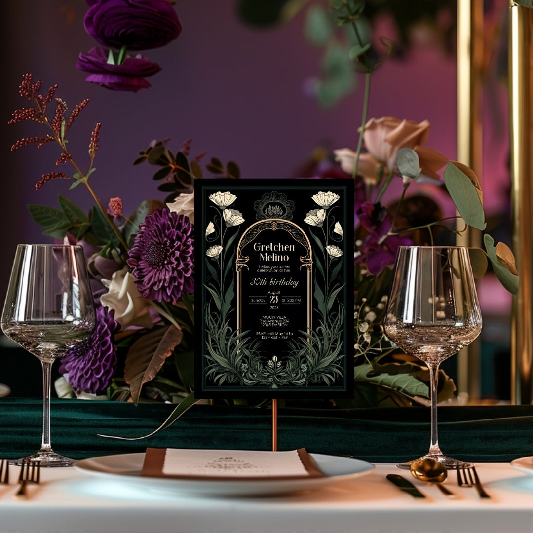 Green Gothic Art Deco Birthday Invitation