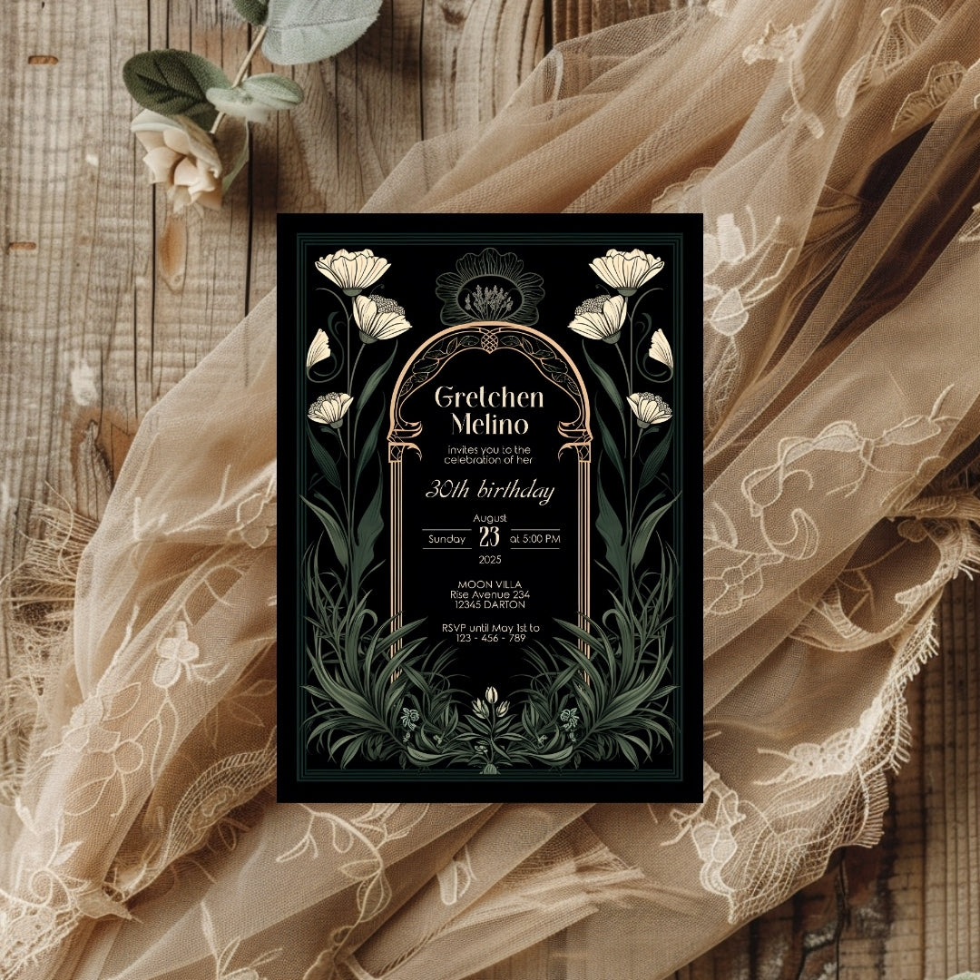 Green Gothic Art Deco Birthday Invitation