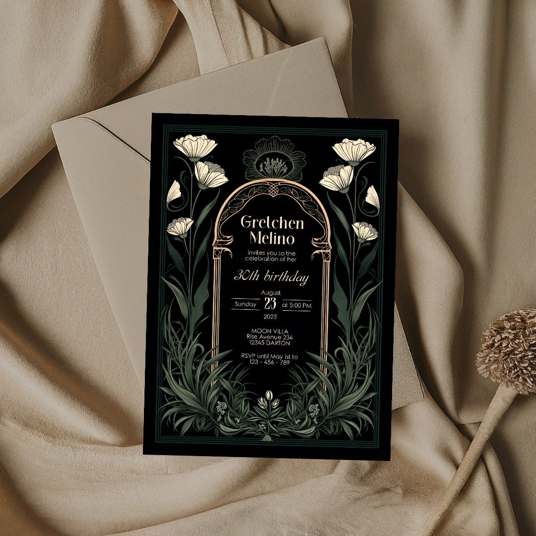 Green Gothic Art Deco Birthday Invitation
