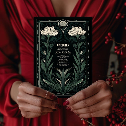 Green Gothic Floral Art Deco Birthday Invitation