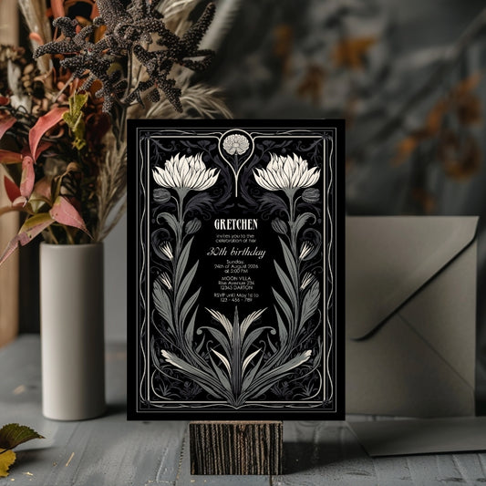 Grey Gothic Floral Art Deco Birthday Invitation