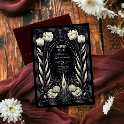 White Gothic Floral Art Deco Birthday Invitation