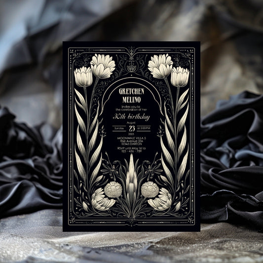 White Gothic Floral Art Deco Birthday Invitation