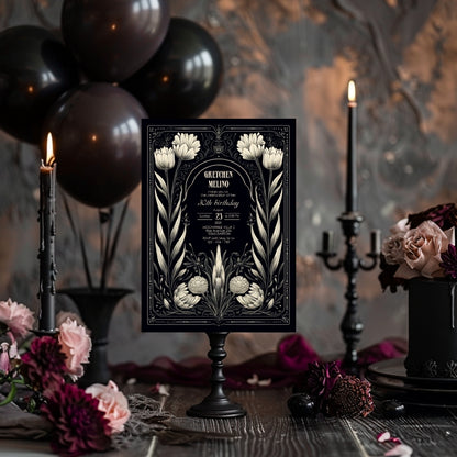 White Gothic Floral Art Deco Birthday Invitation