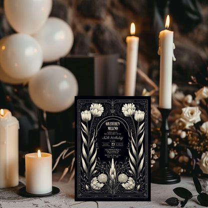 White Gothic Floral Art Deco Birthday Invitation