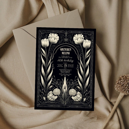 White Gothic Floral Art Deco Birthday Invitation