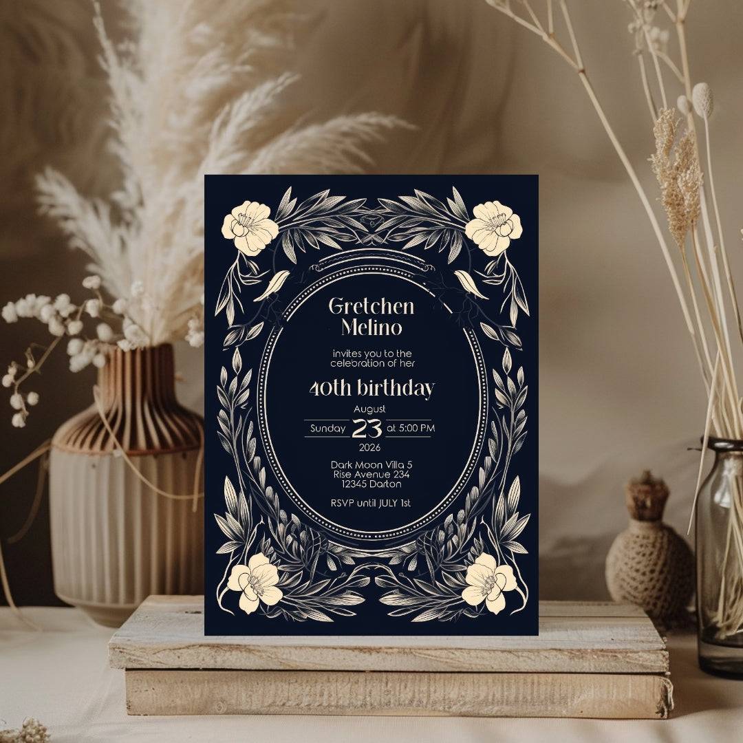 Elegant Gothic Floral Navy Birthday Invitation