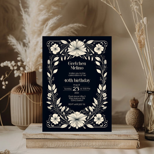 White Floral Gothic Birthday Invitation