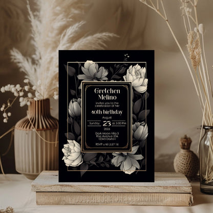 Gothic Elegance Birthday Invitation - Black and Gold Floral Design