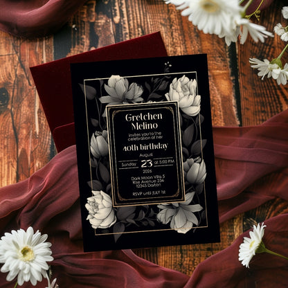 Gothic Elegance Birthday Invitation - Black and Gold Floral Design