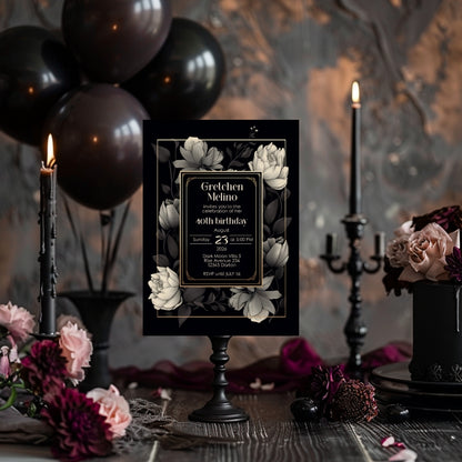 Gothic Elegance Birthday Invitation - Black and Gold Floral Design
