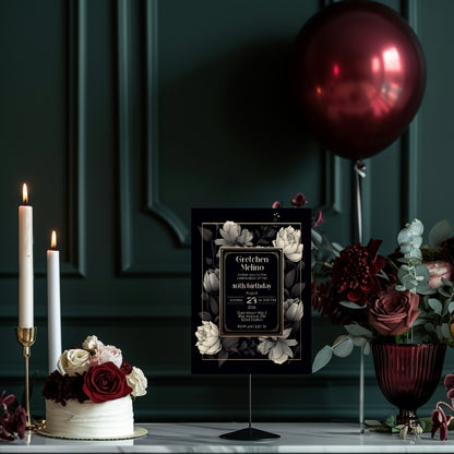 Gothic Elegance Birthday Invitation - Black and Gold Floral Design