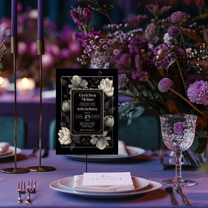 Gothic Elegance Birthday Invitation - Black and Gold Floral Design