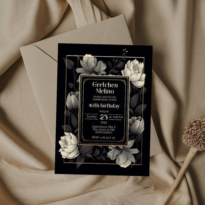 Gothic Elegance Birthday Invitation - Black and Gold Floral Design