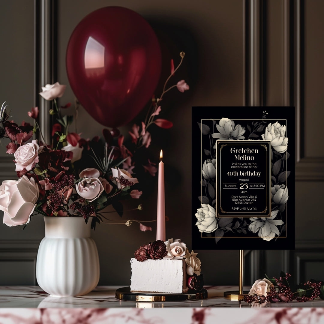 Gothic Elegance Birthday Invitation - Black and Gold Floral Design