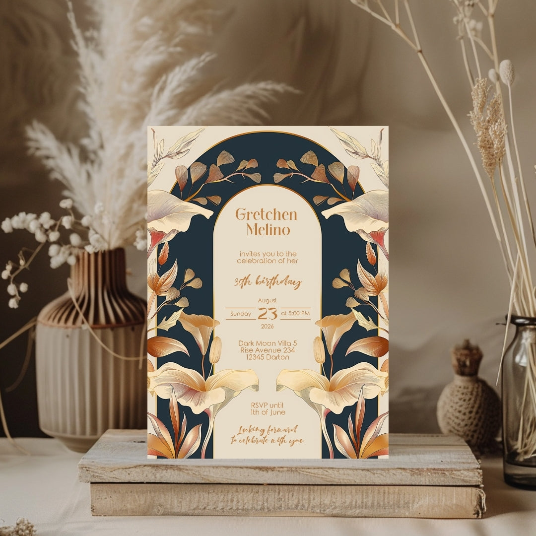Art Nouveau Birthday Invitation with Vintage Floral Design and Gold Accents