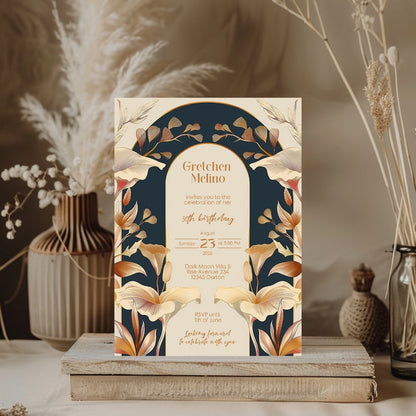 Art Nouveau Birthday Invitation with Vintage Floral Design and Gold Accents